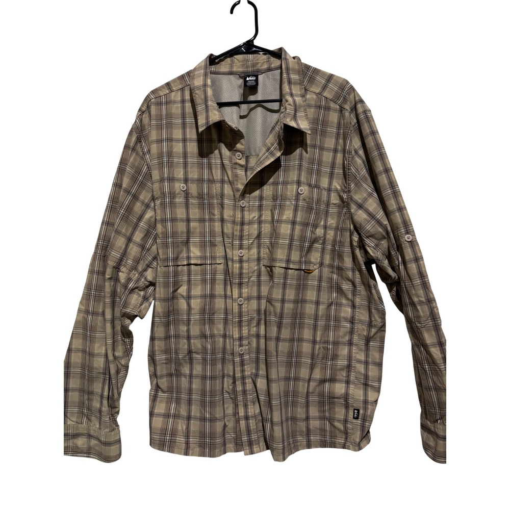 REI Co-op Mens 3XL Tan Plaid Long Sleeve Vented Hiking Button down Shirt fishing